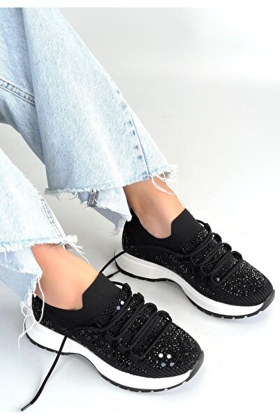 BESKAR Ceas Black Knitwear Lace-Up Sports Shoes