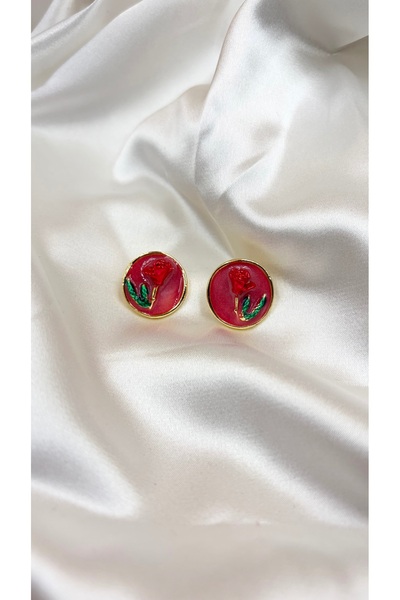 Eylülün Takısı Women's Gold Framed Red Rose Enamel Earrings