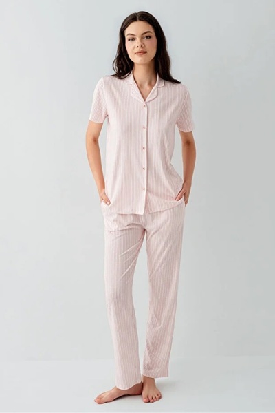 YUYİ Arnetta 50% Cotton 50% Modal Shirt Collar Short Sleeves Women's Pajama S...