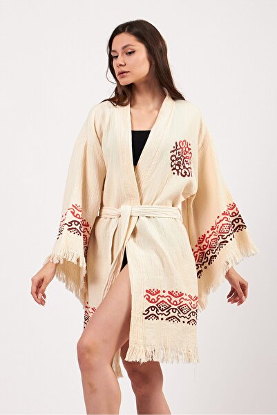 ZERLA Women’s 100% Cotton Hand Printed Boho Kimono with Belt – Lightweight Br...