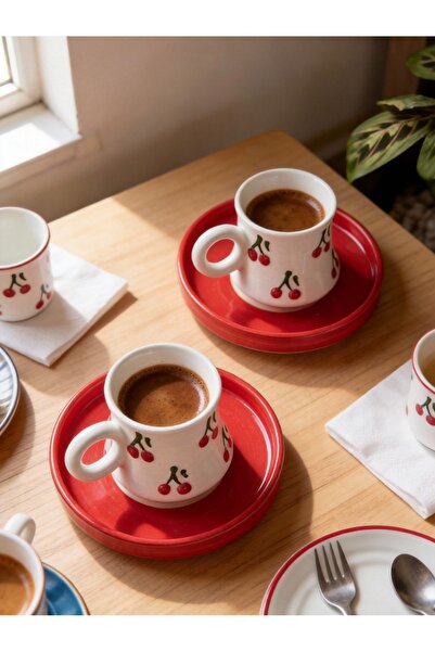 Ceramillion El Yapımı Kiraz Desenli Seramik Türk Kahvesi Fincan Takımı