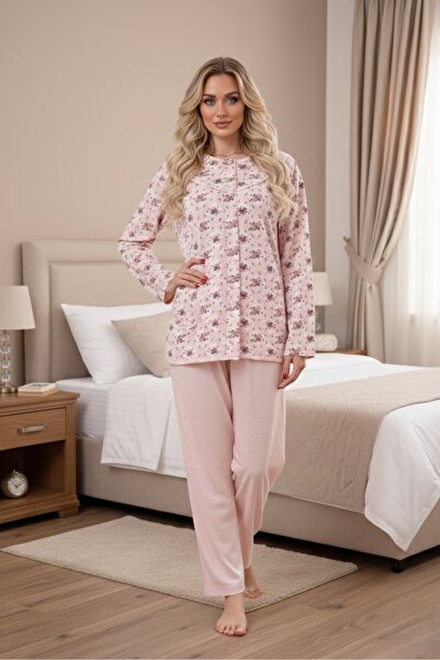 Lohusa Homewear Women's Powder Floral Patterned Long Sleeve Relaxed Cut Butto...