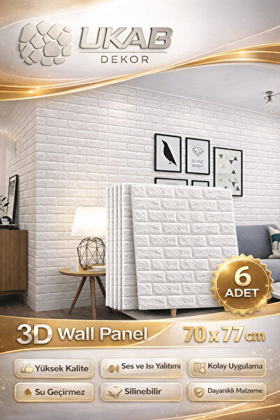 UKAB DEKOR 6 Adet Beyaz 3d Dekoratif Kendinden Yapışkanlı Tuğla Desen Esnek D...