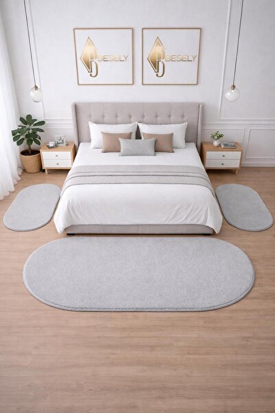 BESELY Açıkgri Yumuşak Peluş Yatak Odası Halısı 3lü Set Kaymaz Taban Halı Tak...