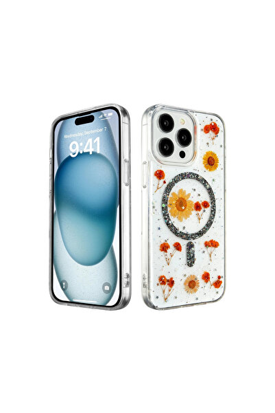 eco port iPhone 14 Pro Case Daisy Glitter Magsafe Cover - Black