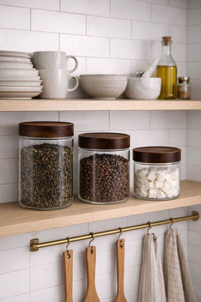 KARTEYA طقم من 3 برطمانات زجاجية بغطاء من خشب الأكاسيا