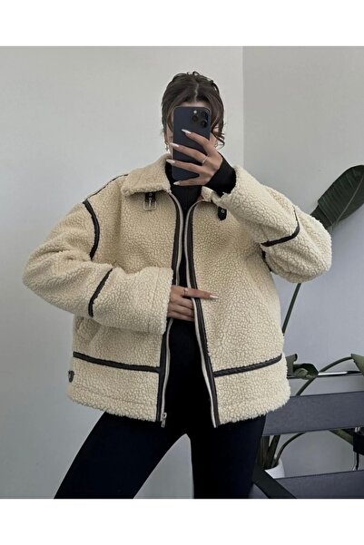 Rowsmen Women's Beige Premium Design Zippered Plush Coat