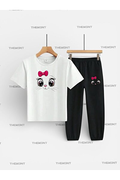 THEKONT Cat Printed Top and Bottom Kids' Set (T-Shirt and Pocketed Sweatpants)
