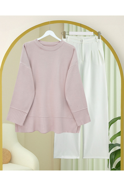 Modamorfo Ribbed Round Neck Slit Knitwear Tunic with Ribbed Hem and Sleeve Cu...