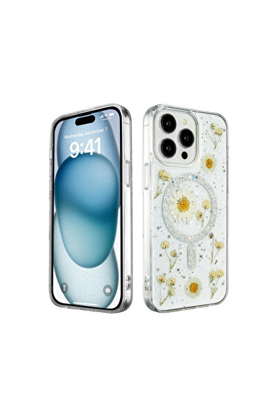 eco port iPhone 14 Pro Max Case Daisy Glitter Magsafe Cover - Silver