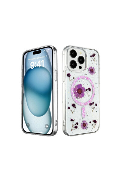 eco port iPhone 14 Pro Max Case Daisy Glitter Magsafe Cover - Purple