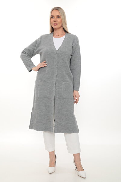 İKSUN Steel Knit Buttoned Pocketed Knitwear Winter Thick Long Mother's Knit C...