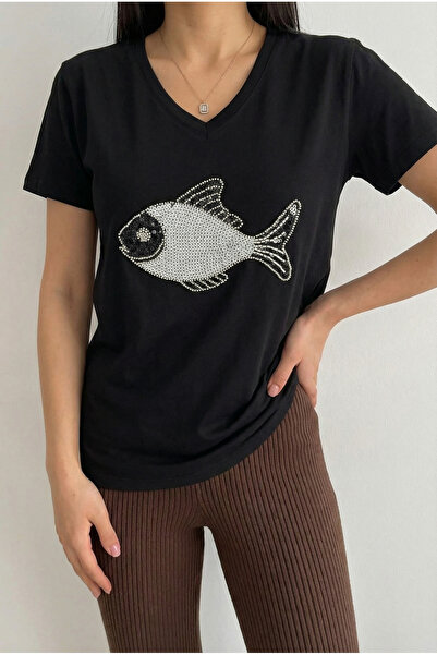 FEMELLE Black V-Neck Fish Pattern 100% Cotton Bead and Sequin Embroidered T-S...