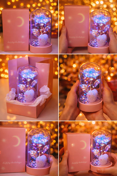 OEM Romantic gift set with LED illuminated artificial rose, glass dome