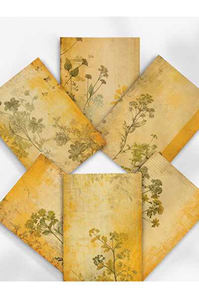 Henno A6 (10,5x14,8 cm) 6’lı Vintage Sarı Botanik Kolaj Tasarımlı Scrapbook v...