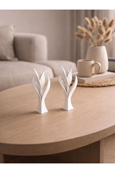 3D Minimal Beyaz Dekoratif Obje 2’li Set Modern Yaprak Formlu Salon , Ofis De...