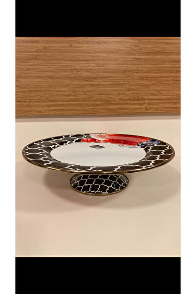 PLUS HOME Sunum Pasta Kek Stanti Enameled Black Red Pattern Diameter 31 cm He...
