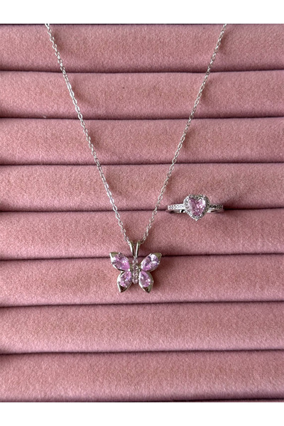 ACQUA BELLA 925 Ayar Gümüş Kaplama Pembe Taşlı Kelebek Kolye ve Kalpli Yüzük ...
