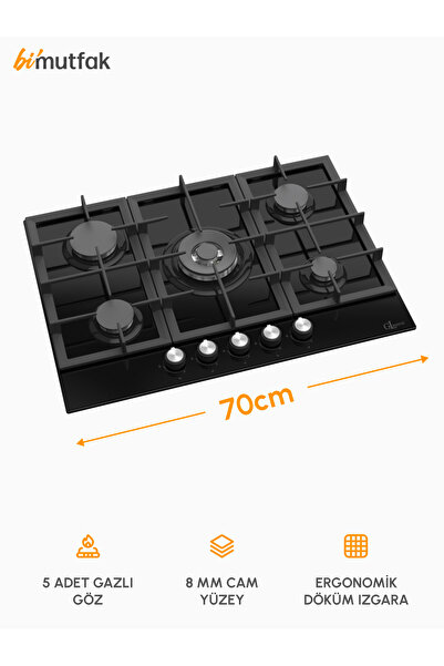GL GENERAL Nowa 70cm 5 Gözlü Döküm Izgaralı Cam Ocak
