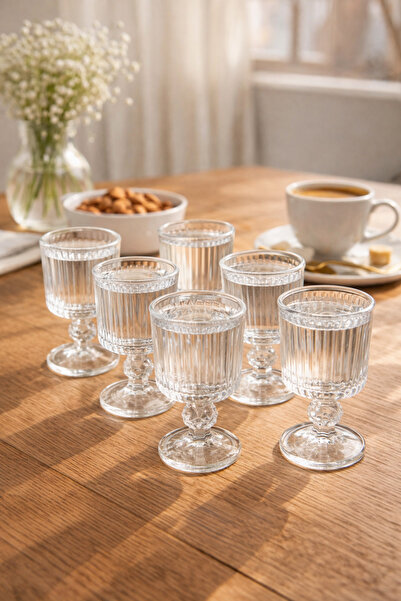 DailyHome 6’lı Ayaklı Cam Kahve Yanı Su Bardağı Seti – Şeffaf Desenli Sunum B...