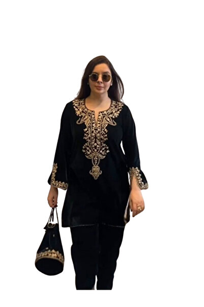 MYSMAR Black Viscose Velvet Top & Bottom - HRT6434 | Black