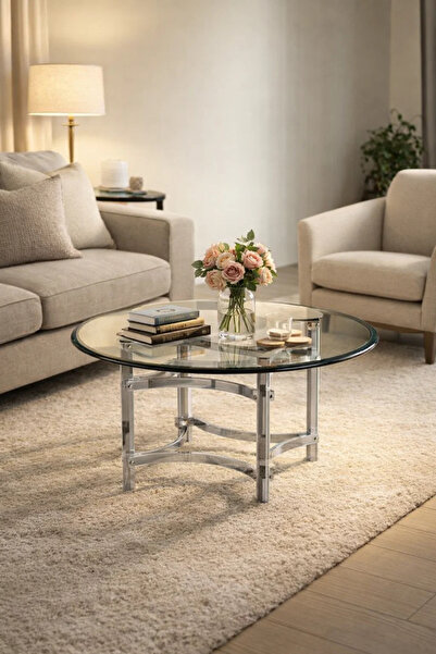 MARIA HOMES Modern Round Glass Center Table - Silver Frame (90*90*45 cm)