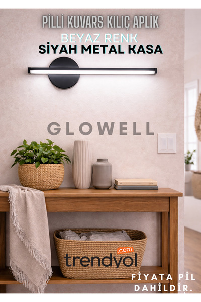 GLOWELL Pilli Beyaz Renk Kılıç Aplik–Duvar Tipi Metal Gövdeli Modern Aydınlat...