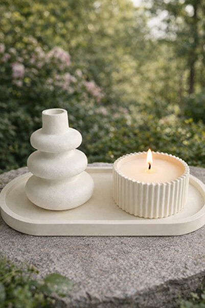 YİĞİTER Handmade Stone Powder Decorative Tray Set |   Single Candle Holder an...