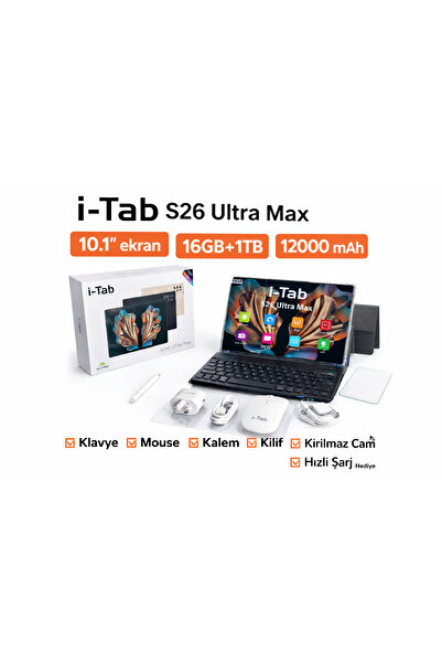 asfteknoloji i-Tab S26 Ultra Max Tablet Sim Kartlı BTK Kayıtlı Klavyeli Set H...