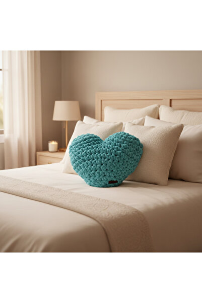 Ayona El Örgüsü Mavi Puffy Kalp Yastık - Ultra Yumuşak Hediyelik Dekoratif Ya...