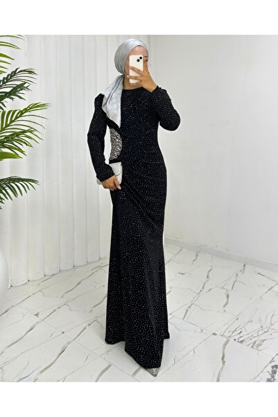 heree Önü Drapeli Taşlı Göz Alıcı Modern Şık Uzun Tesettür Abiye Elbise