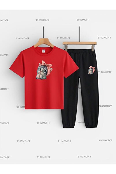 THEKONT طقم أطفال مطبوع عليه قطة لطيفة (تي شيرت وبنطلون رياضي بجيوب)