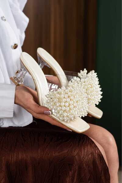 Roshin Shoes Yeni Sezon Kadın Topuklu İncili Terlik Rugan Topuk 5CM