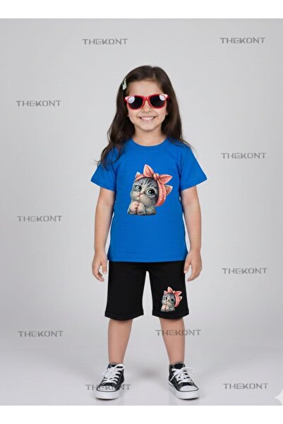 THEKONT Симпатичен комплект от шорти и тениска с котешки принт за деца