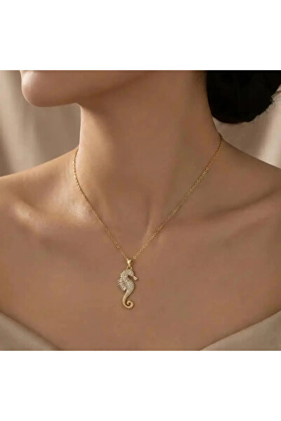 Dorvina 316L Steel Gold Color Sea Horse Model Zircon Stone Women's Necklace D...