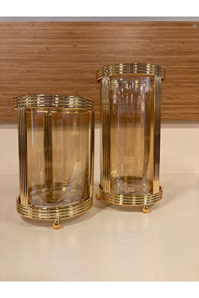 PLUS HOME MUMLUK 2,Lİ PİRİNÇ ALTIN CAM AMBER RENK YÜKSEKLİK 22 VE 17 CM ÇAPI ...