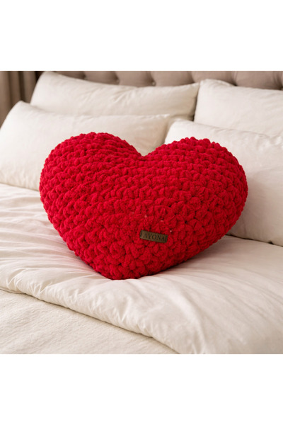 Ayona El Örgüsü Kırmızı Puffy Kalp Yastık - Ultra Yumuşak Hediyelik Dekoratif...