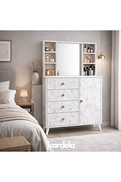 Kardelahome %100 Mermer Desenli Mdf Şifonyer 4 Çekmeceli Kapaklı Dolaplı 3 Ra...