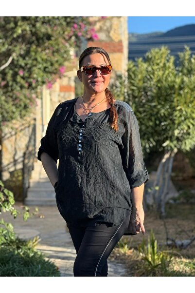Punta Otantik Yg86163 Embroidered Sequin Detailed Blouse Black