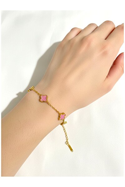 ATALYA ACCESSORY Mini Clover Women's Bracelet – Gold Color with Pink Stones, ...