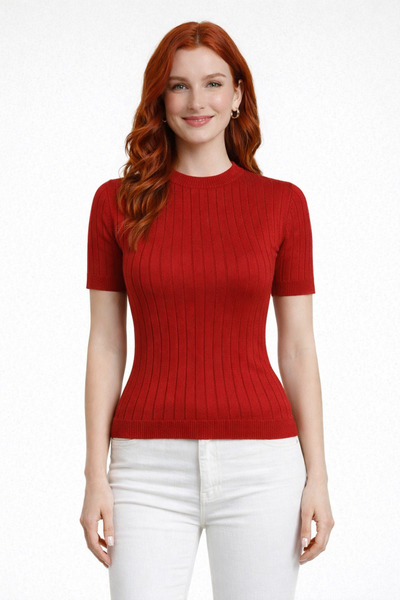 Neden Tekstil Crew Neck Ribbed Short Sleeve Knitwear Blouse