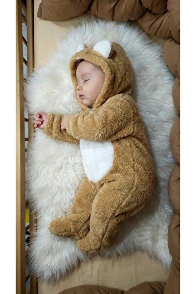Baby Clime 0–12 Ay İsimli Bebek Tulumu – Peluş Ayıcık Kapüşonlu Ayaklı Tulum