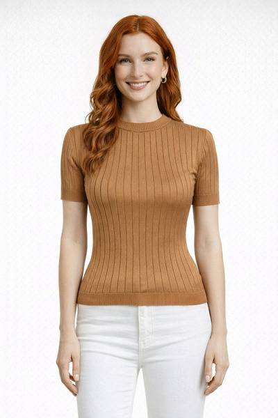 Neden Tekstil Crew Neck Ribbed Short Sleeve Knitwear Blouse
