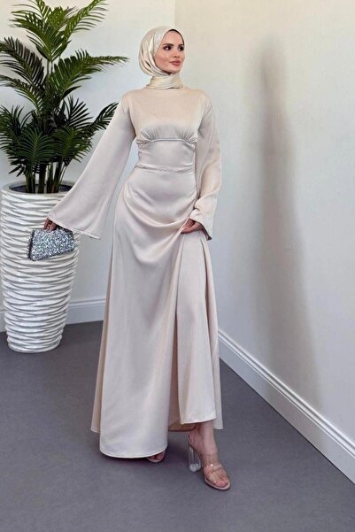 Şulemoda Giyim فستان سهرة بأكمام وحزام من حجر الباغيت باللون البيج