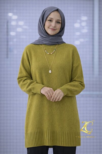 UZÇE MODA Oil Green Color Crew Neck Oversize Women's Knitwear Sweater Tunic