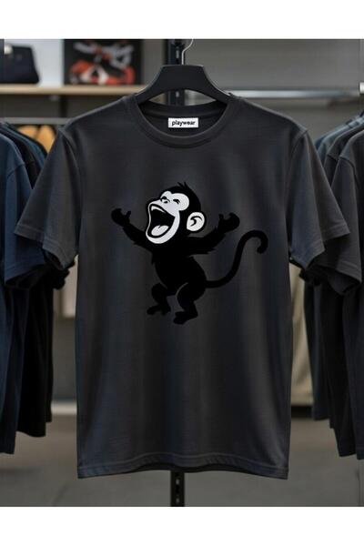 playwear PLAY WEAR Унисекс тениска с кръгло деколте и щампа на крещяща маймуна