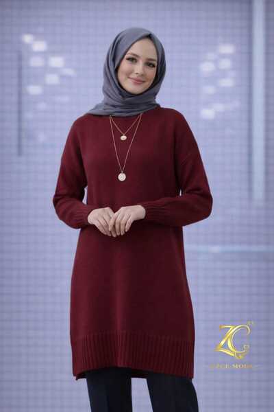 UZÇE MODA Burgundy color bicycle collar oversize women's knit sweater tunic