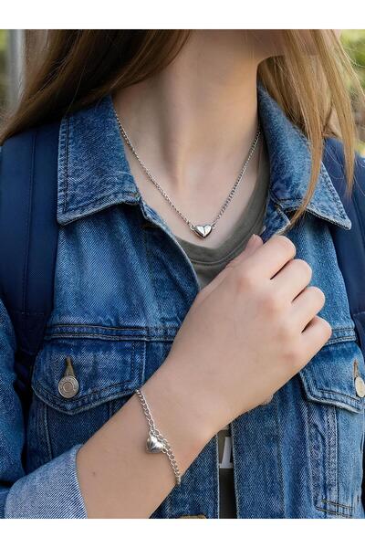 Bontexs Silver Color Curved Heart Figured Chain Necklace and Bracelet Set