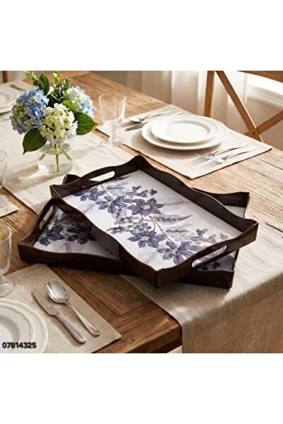 Generic Rectangular Serving Tray Set "Blue Flower Pattern" - (Raised Brown Ed...