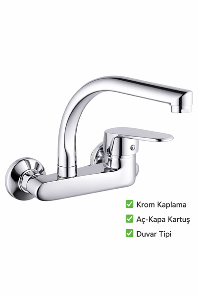 KUSTAR Krom Duvar Tipi Mutfak Bataryası Aç-Kapa – Uzun Borulu – Parlak Krom M...